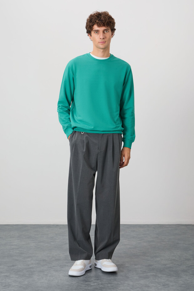 Deniz Yeşili Pamuk Yumuşak Dokulu Standart Fit Basic Erkek Sweatshirt - 88363 - 2