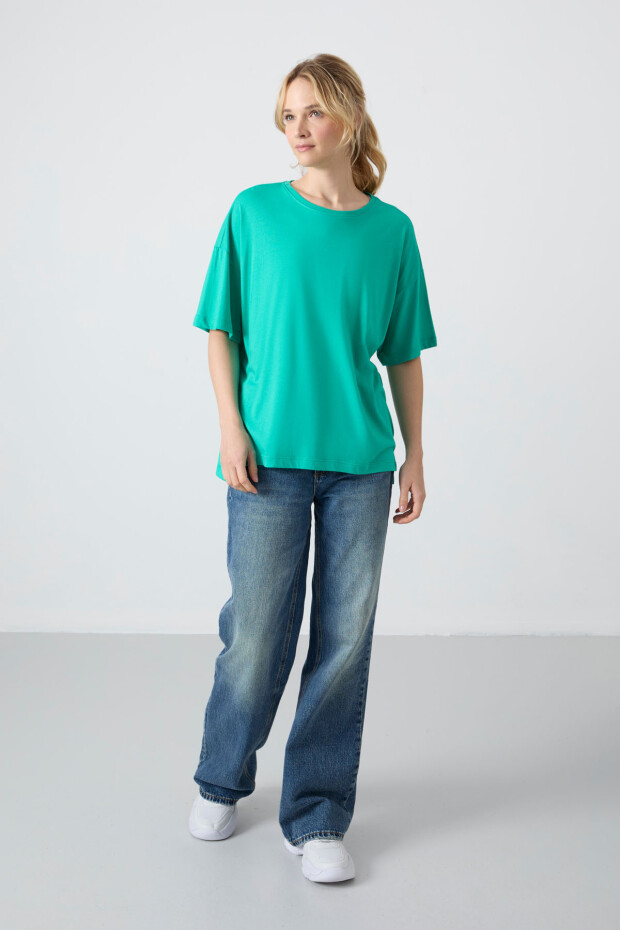 Deniz Yeşili Penye Modal Yumuşak Tuşeli Oversize Fit Basic Kadın T-Shirt- 97285 - 3