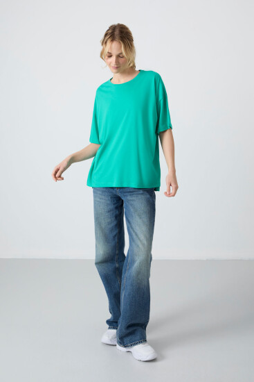 Deniz Yeşili Penye Modal Yumuşak Tuşeli Oversize Fit Basic Kadın T-Shirt- 97285 