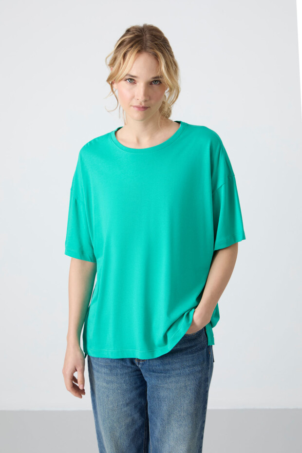 Deniz Yeşili Penye Modal Yumuşak Tuşeli Oversize Fit Basic Kadın T-Shirt- 97285 - 5