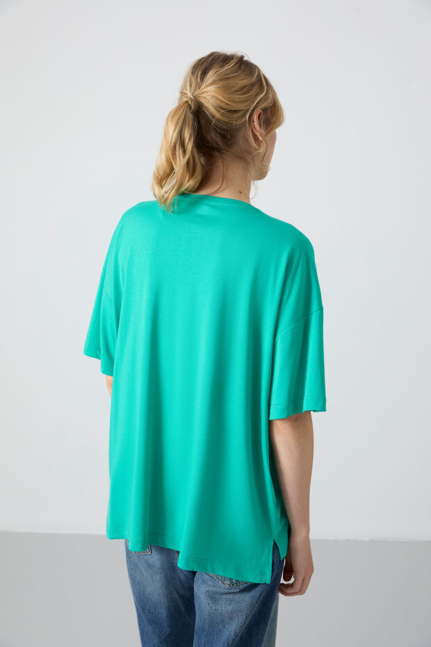 Deniz Yeşili Penye Modal Yumuşak Tuşeli Oversize Fit Basic Kadın T-Shirt- 97285 - 7