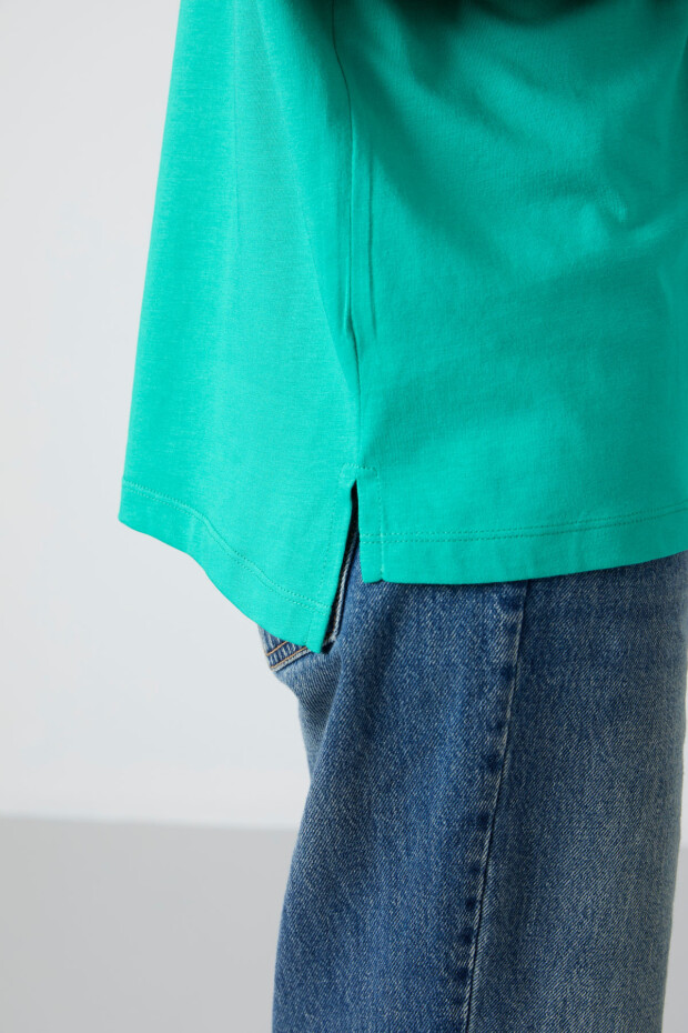 Deniz Yeşili Penye Modal Yumuşak Tuşeli Oversize Fit Basic Kadın T-Shirt- 97285 - 6