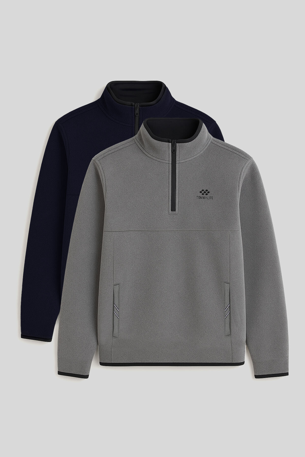 Dik Yaka Yarım Fermuarlı 2'li Paket Lacivert-Gri Melanj Erkek Polar Sweatshirt - 87891 - TOMMYLIFE