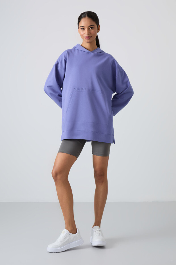 Eflatun Balon Kol Yazı Nakışlı Kadın Rahat Form Tunik Sweatshirt - 97163 - 2