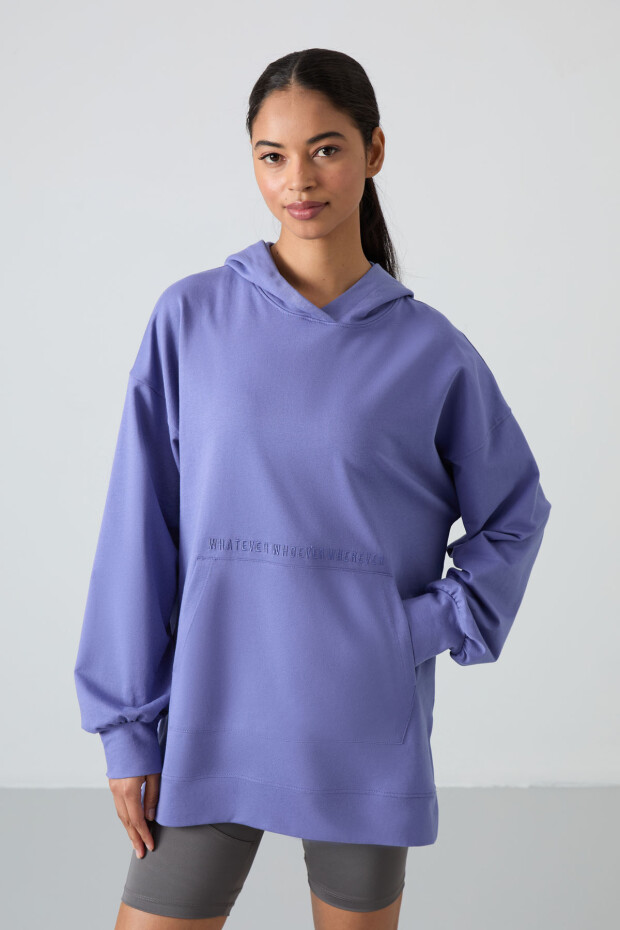 Eflatun Balon Kol Yazı Nakışlı Kadın Rahat Form Tunik Sweatshirt - 97163 - 5