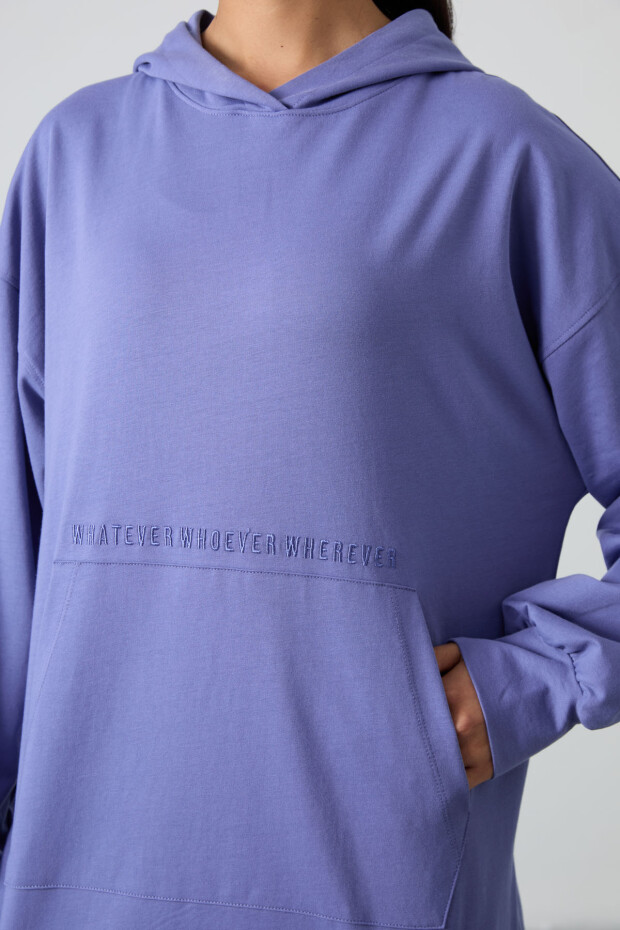 Eflatun Balon Kol Yazı Nakışlı Kadın Rahat Form Tunik Sweatshirt - 97163 - 3