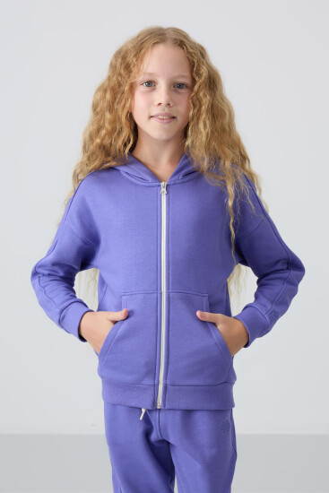 Eflatun Pamuklu İçi Tüylü Yumuşak Dokulu Standart Fit Nakışlı Kız Çocuk Eşofman Takım - 75148 - TOMMYLIFE (1)