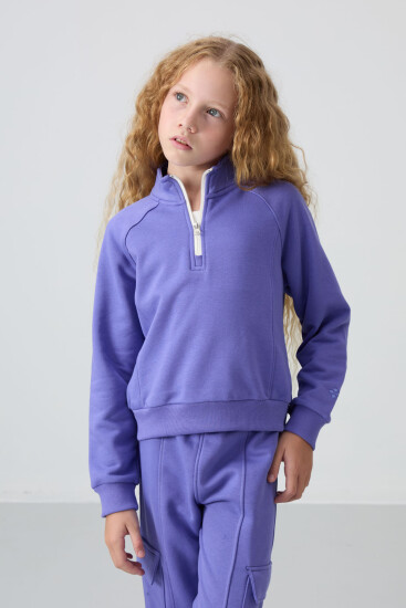 Eflatun Pamuklu İçi Tüylü Yumuşak Dokulu Standart Fit Nakışlı Kız Çocuk Eşofman Takım - 75159 - TOMMYLIFE (1)