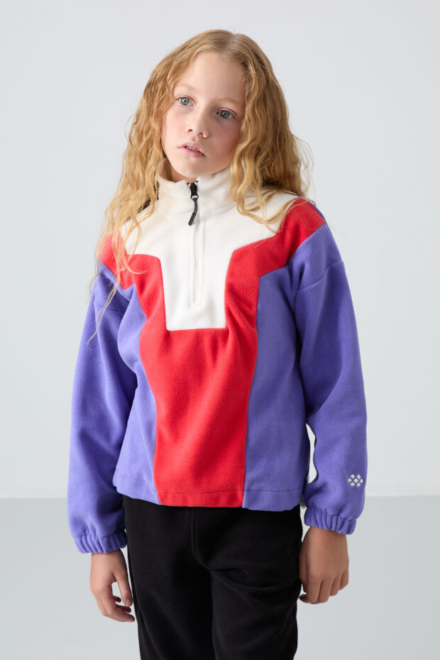 Eflatun Kalın Yumuşak Dokulu Rahat Form Nakışlı Polar Kız Çocuk Sweatshirt - 75153 - 1