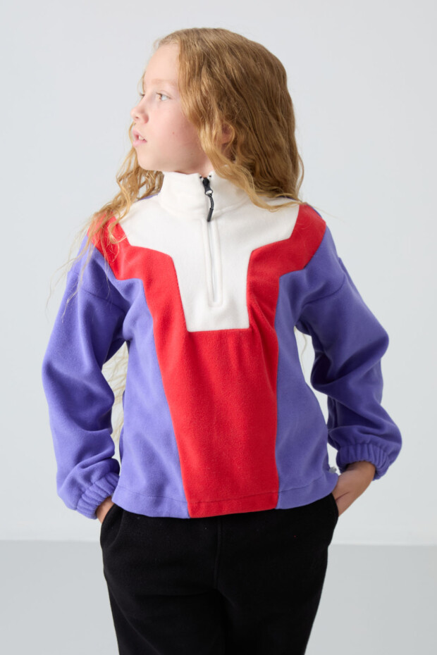 Eflatun Kalın Yumuşak Dokulu Rahat Form Nakışlı Polar Kız Çocuk Sweatshirt - 75153 - 4