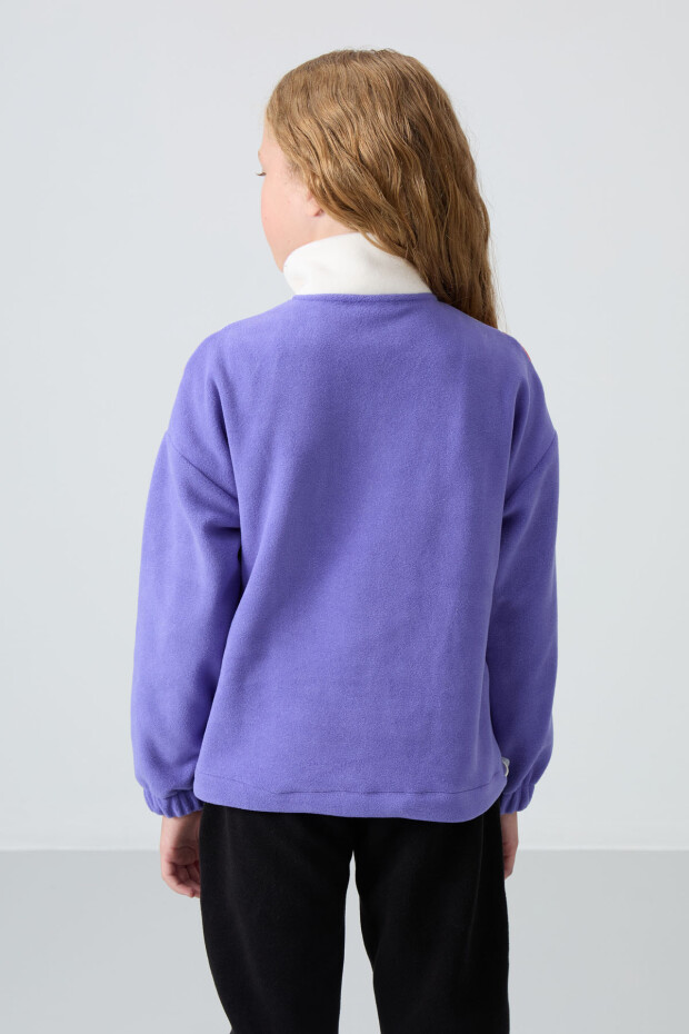 Eflatun Kalın Yumuşak Dokulu Rahat Form Nakışlı Polar Kız Çocuk Sweatshirt - 75153 - 5