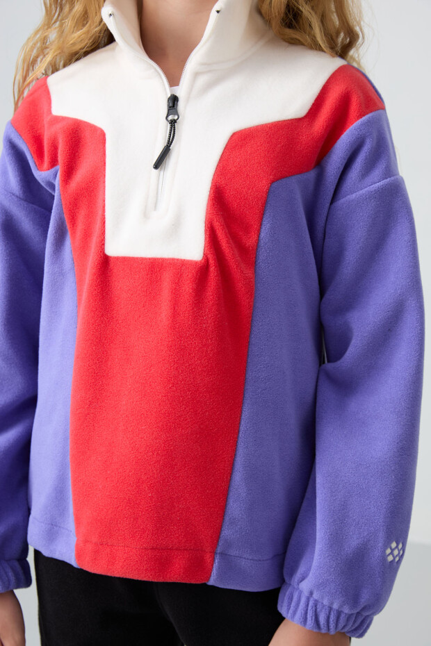 Eflatun Kalın Yumuşak Dokulu Rahat Form Nakışlı Polar Kız Çocuk Sweatshirt - 75153 - 2