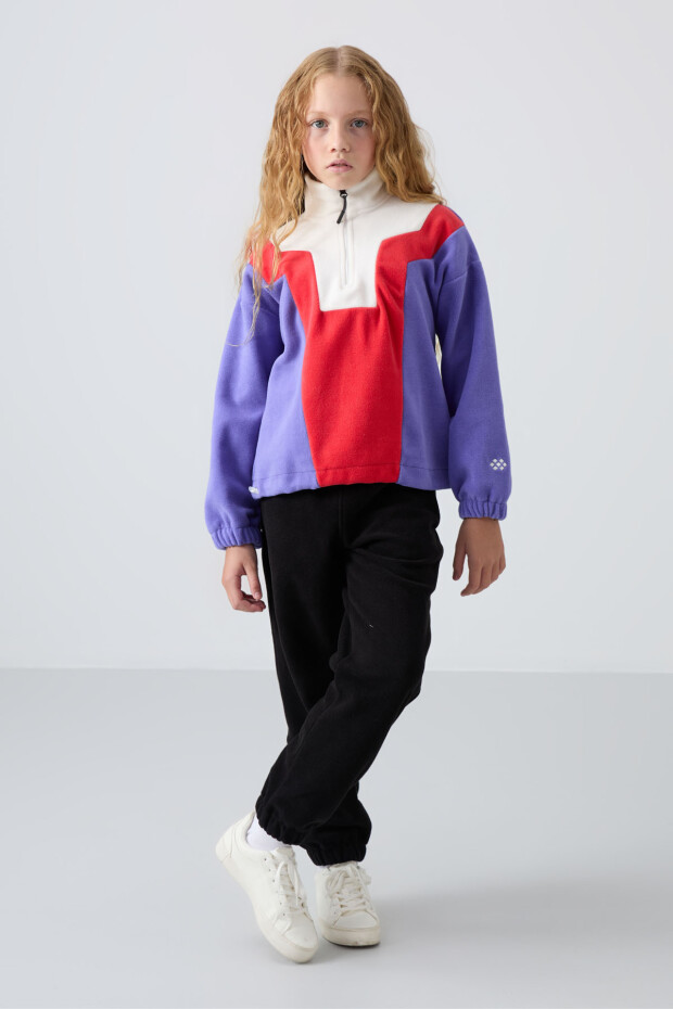 Eflatun Kalın Yumuşak Dokulu Rahat Form Nakışlı Polar Kız Çocuk Sweatshirt - 75153 - 3