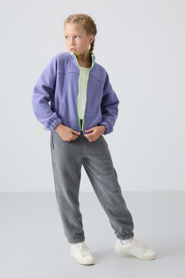 Eflatun Kalın Yumuşak Dokulu Standart Fit Nakışlı Polar Kız Çocuk Sweatshirt - 75157 - 1