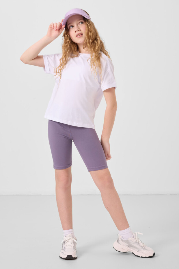 Eflatun Pamuklu Kısa Paça Standart Fit Basic Kız Çocuk Tayt - 75188