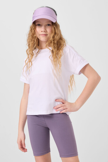 Eflatun Pamuklu Kısa Paça Standart Fit Basic Kız Çocuk Tayt - 75188 - Thumbnail