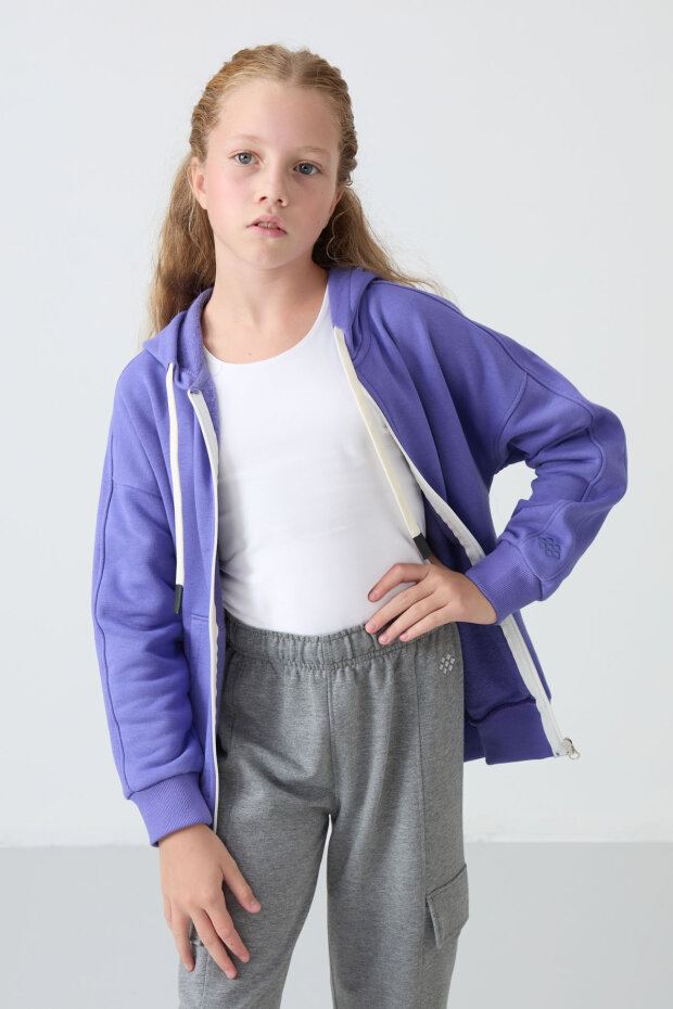 Eflatun Pamuklu İçi Tüylü Yumuşak Dokulu Standart Fit Nakışlı Kız Çocuk Sweatshirt - 75149 - 2