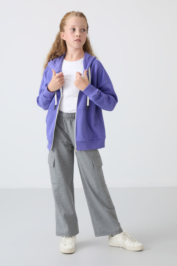 Eflatun Pamuklu İçi Tüylü Yumuşak Dokulu Standart Fit Nakışlı Kız Çocuk Sweatshirt - 75149 - 1