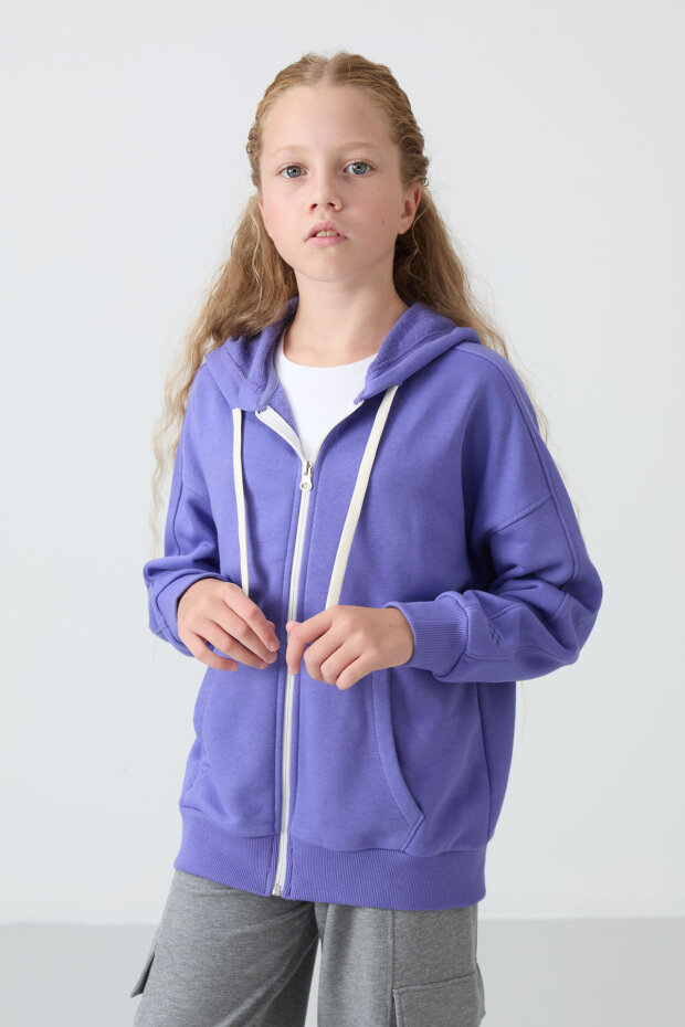 Eflatun Pamuklu İçi Tüylü Yumuşak Dokulu Standart Fit Nakışlı Kız Çocuk Sweatshirt - 75149 - 3