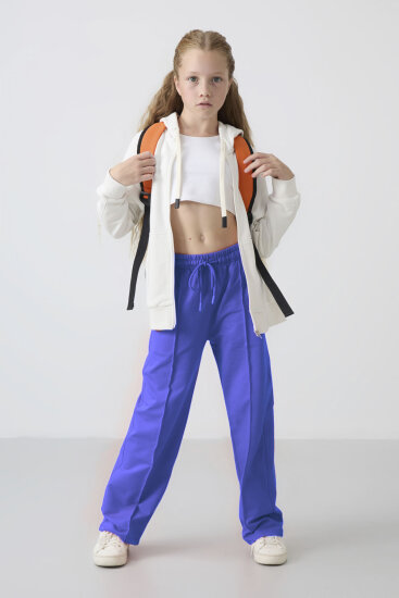 Eflatun Cepli Ön Dikiş Detaylı Geniş Paça Kız Çocuk Eşofman Altı -75144 