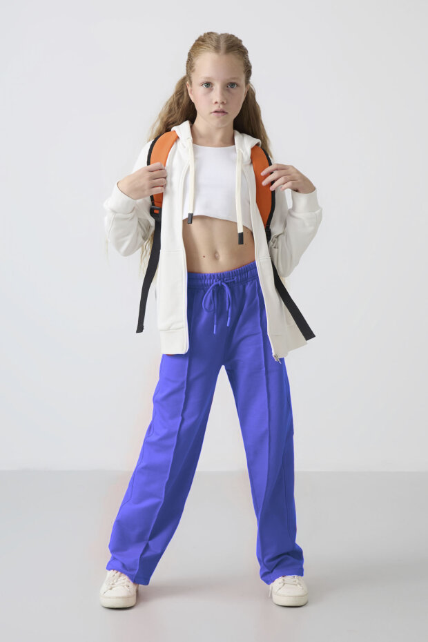 Eflatun Cepli Ön Dikiş Detaylı Geniş Paça Kız Çocuk Eşofman Altı -75144 - 1