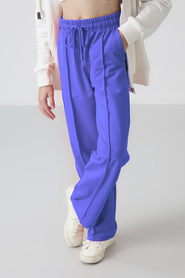 Eflatun Cepli Ön Dikiş Detaylı Geniş Paça Kız Çocuk Eşofman Altı -75144 - 4