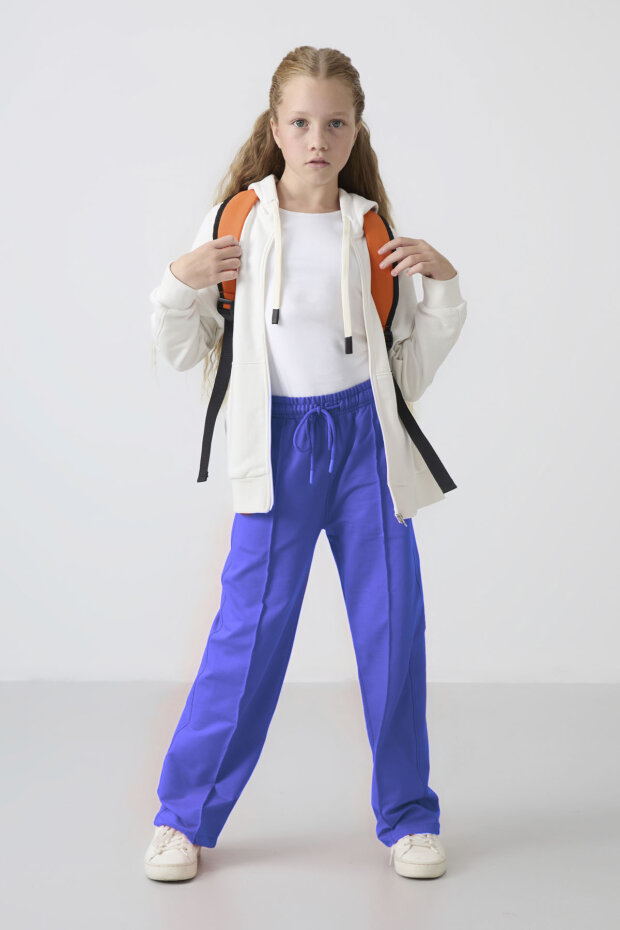 Eflatun Cepli Ön Dikiş Detaylı Geniş Paça Kız Çocuk Eşofman Altı -75144 - 1