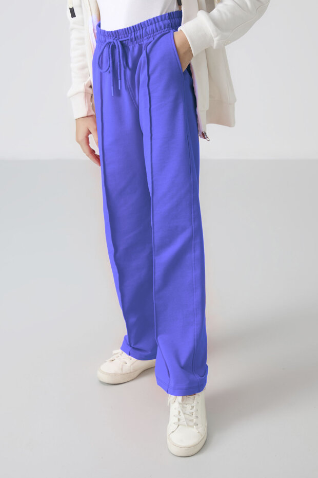 Eflatun Cepli Ön Dikiş Detaylı Geniş Paça Kız Çocuk Eşofman Altı -75144 - 3