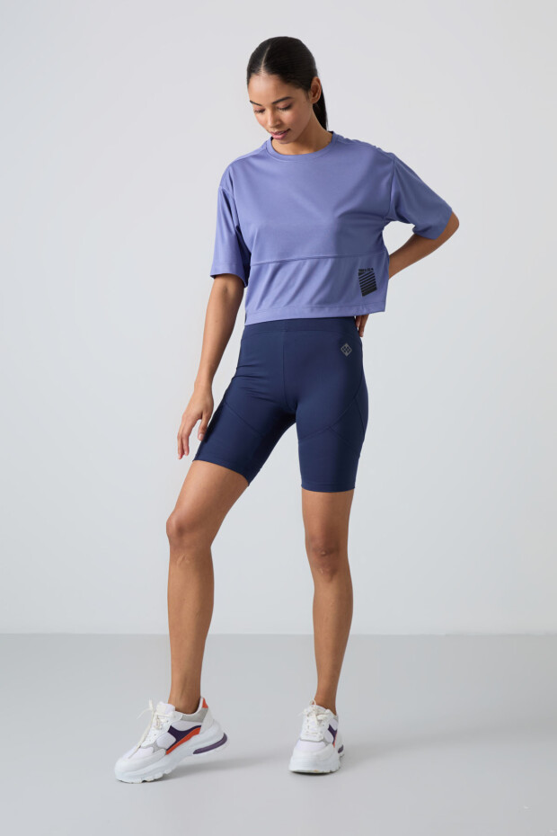 Eflatun Nefes Alan Dokulu İnce Esnek Standart Kalıp Performans Kadın T-Shirt - 97284 - 5