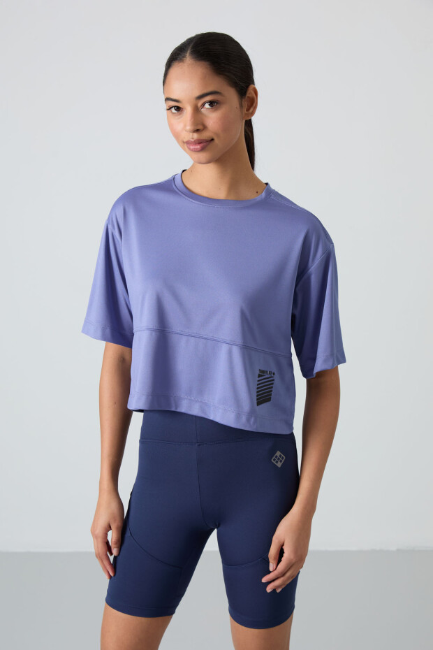 Eflatun Nefes Alan Dokulu İnce Esnek Standart Kalıp Performans Kadın T-Shirt - 97284 - 6