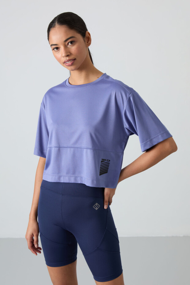 Eflatun Nefes Alan Dokulu İnce Esnek Standart Kalıp Performans Kadın T-Shirt - 97284 - 2