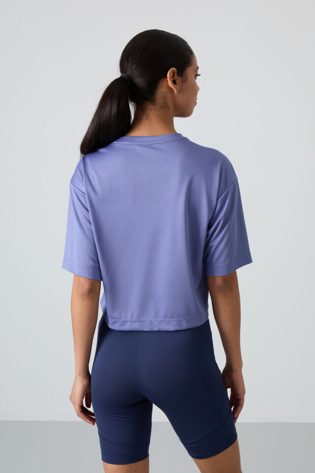 Eflatun Nefes Alan Dokulu İnce Esnek Standart Kalıp Performans Kadın T-Shirt - 97284 - 7
