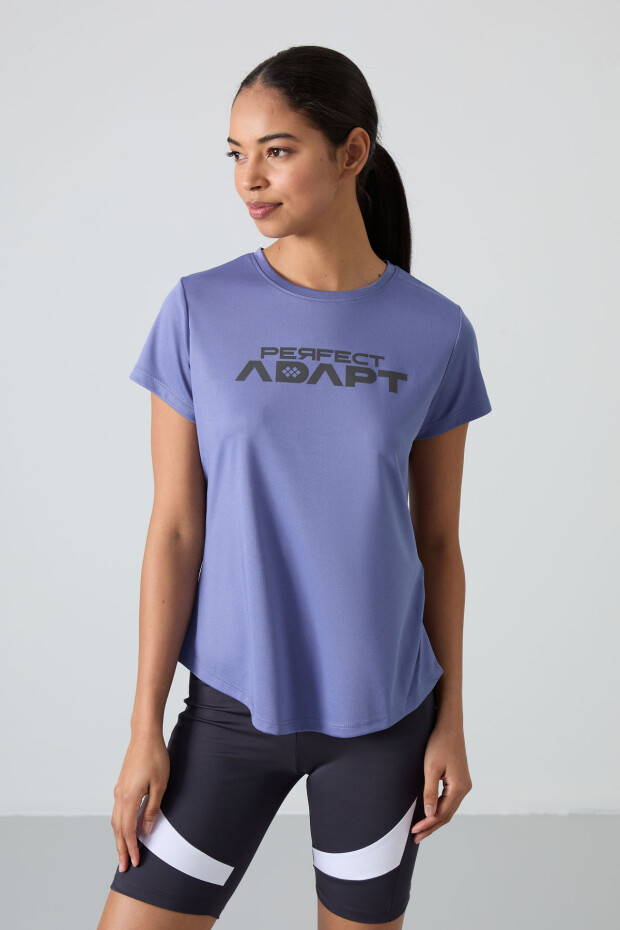Eflatun Nefes Alan Dokulu İnce Esnek Standart Fit Performans Kadın T-Shirt - 97283 - 2