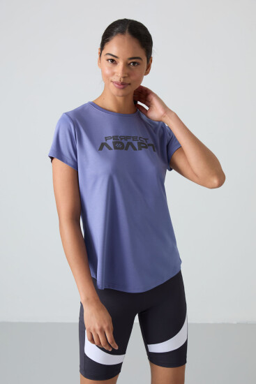 Eflatun Nefes Alan Dokulu İnce Esnek Standart Fit Performans Kadın T-Shirt - 97283 
