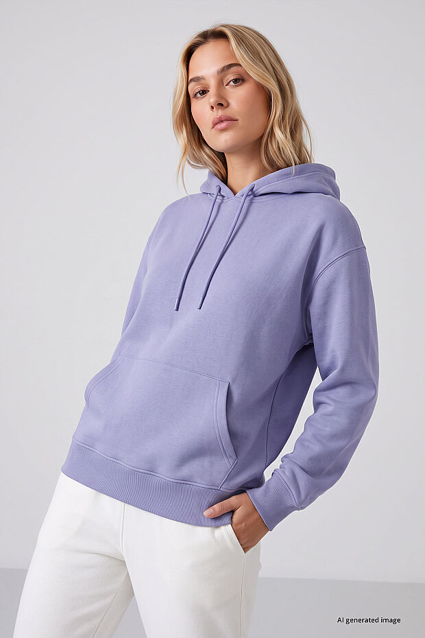 Eflatun Standart Kapüşonlu Kanguru Cepli Basic Kadın Sweatshirt - 97321 - 3