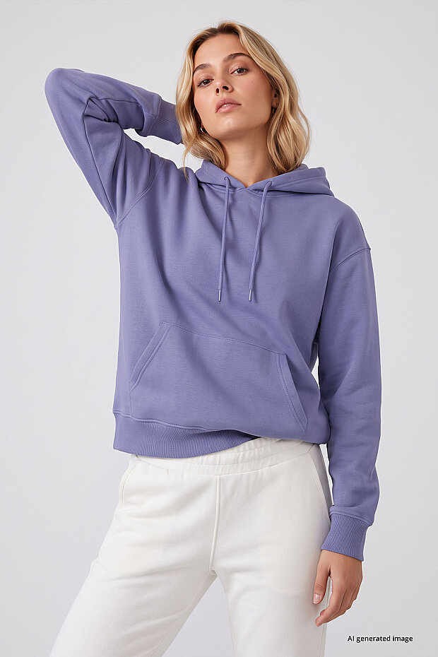 Eflatun Standart Kapüşonlu Kanguru Cepli Basic Kadın Sweatshirt - 97321 - 7