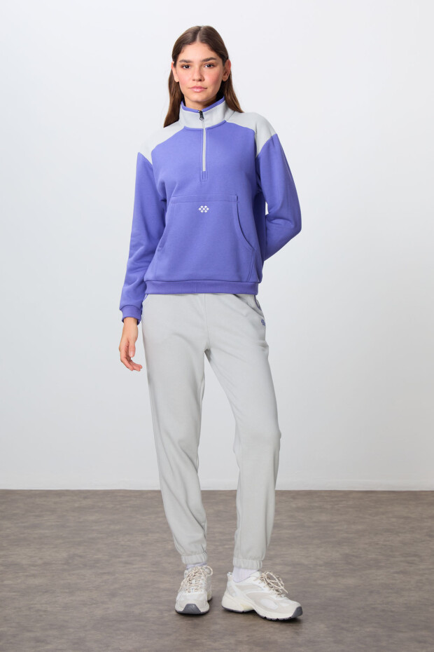 Eflatun-Taş Kompakt Pamuklu Kalın Pürüzsüz Dokulu Dik Yaka Oversize Fit Kadın Eşofman Takım - 95342 - 5
