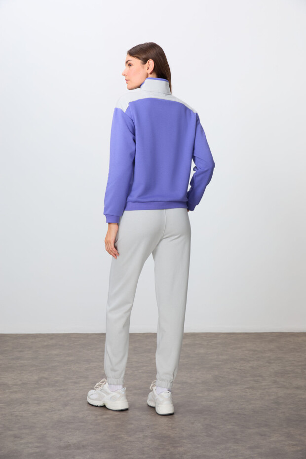 Eflatun-Taş Kompakt Pamuklu Kalın Pürüzsüz Dokulu Dik Yaka Oversize Fit Kadın Eşofman Takım - 95342 - 6