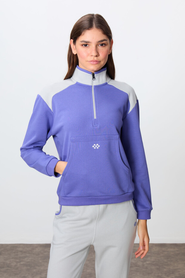 Eflatun-Taş Kompakt Pamuklu Kalın Pürüzsüz Dokulu Dik Yaka Oversize Fit Kadın Eşofman Takım - 95342 - 2