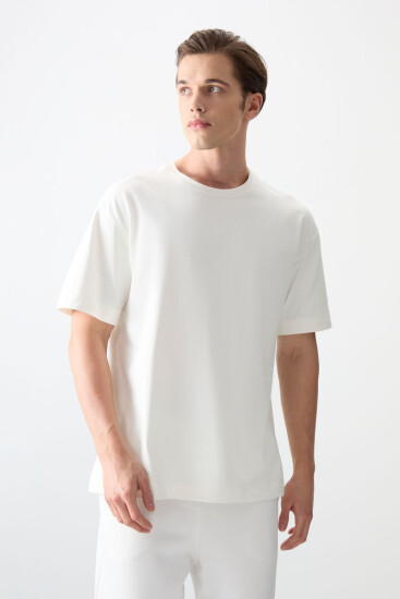 Ekru %100 Pamuk Kalın Yumuşak Dokulu Oversize Fit Basic Erkek T-Shirt - 88353 
