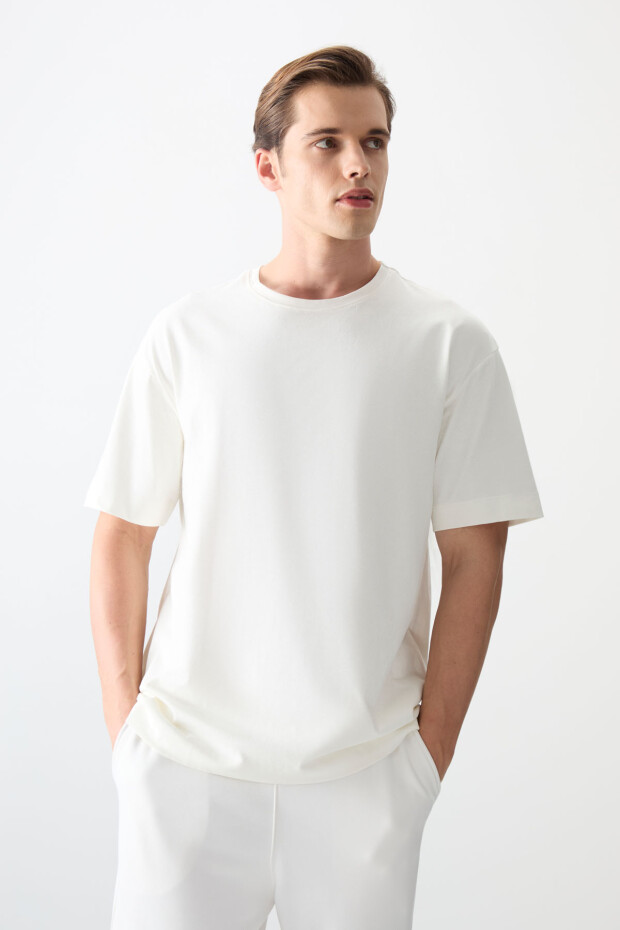 Ekru %100 Pamuk Kalın Yumuşak Dokulu Oversize Fit Basic Erkek T-Shirt - 88353 - 3