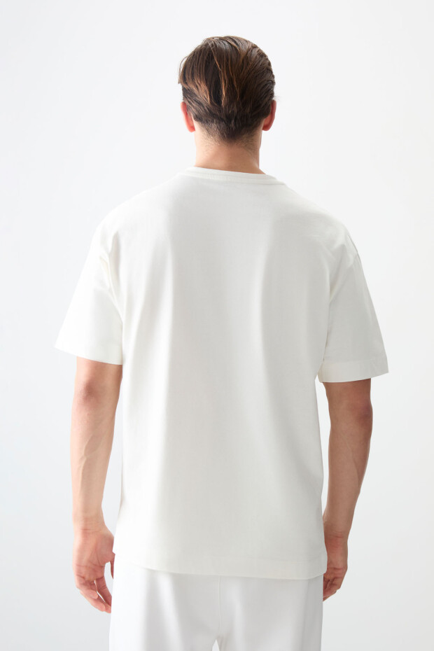 Ekru %100 Pamuk Kalın Yumuşak Dokulu Oversize Fit Basic Erkek T-Shirt - 88353 - 5