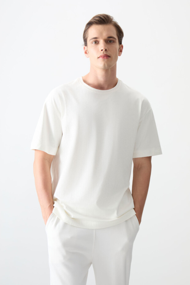 Ekru %100 Pamuk Kalın Yumuşak Dokulu Oversize Fit Basic Erkek T-Shirt - 88353 - 4