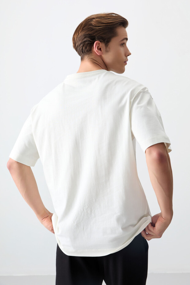 Ekru %100 Pamuk Kalın Yumuşak Dokulu Oversize Fit Baskılı Erkek T-Shirt - 88355 - 6