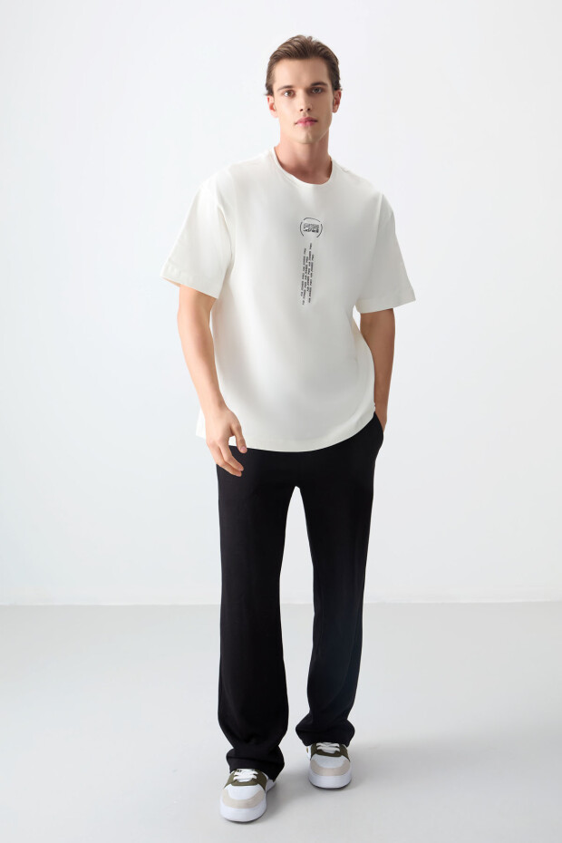 Ekru %100 Pamuk Kalın Yumuşak Dokulu Oversize Fit Baskılı Erkek T-Shirt - 88355 - 2