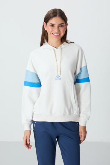 Ekru Kompakt Pamuklu Kalın Pürüzsüz Dokulu Kapüşonlu Oversize Fit Kadın Sweatshirt - 97290 