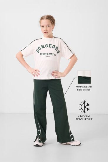 Ekru-Çam Yeşil O Yaka Baskılı Geniş Paça Çıt Çıt Detaylı Kız Çocuk Palazzo Eşofman Takım - 75172 - TOMMYLIFE