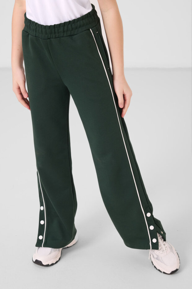 Ekru-Çam Yeşil O Yaka Baskılı Geniş Paça Çıt Çıt Detaylı Kız Çocuk Palazzo Eşofman Takım - 75172 - 4