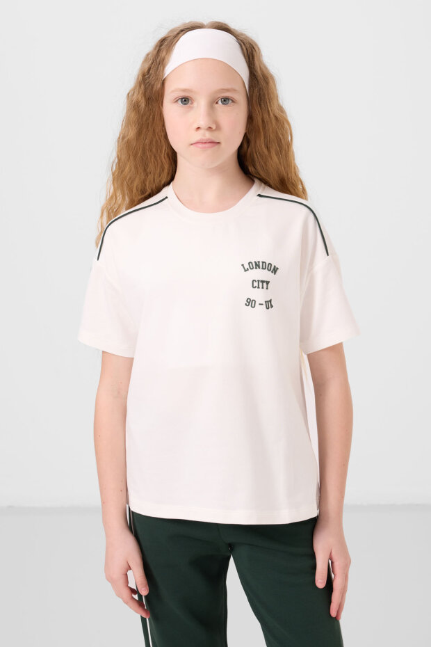 Ekru-Çam Yeşil O Yaka Baskılı Lastik Paçalı Standart Fit Kız Çocuk Eşofman Takım - 75186 - 3