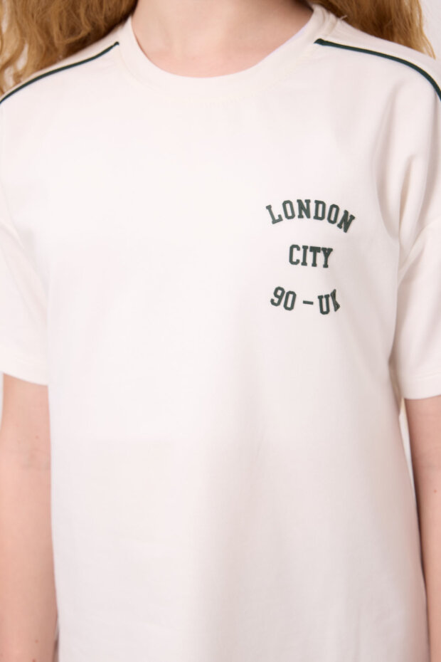 Ekru-Çam Yeşil O Yaka Baskılı Lastik Paçalı Standart Fit Kız Çocuk Eşofman Takım - 75186 - 6